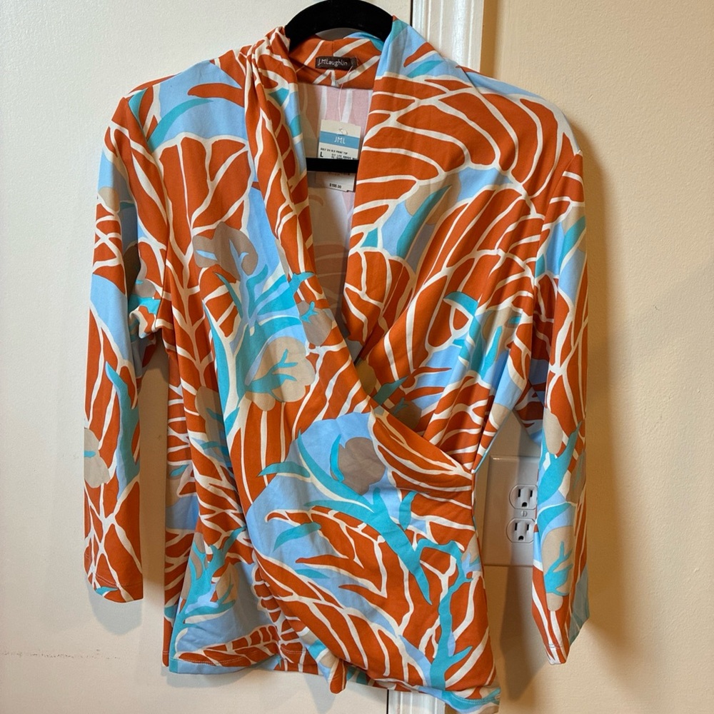 J. McLaughlin NWT Gulf 3/4 sleeve top L blue orange print